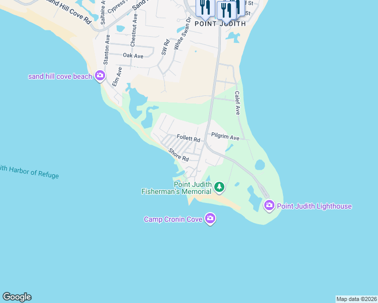 map of restaurants, bars, coffee shops, grocery stores, and more near 23 Follett Road in Narragansett