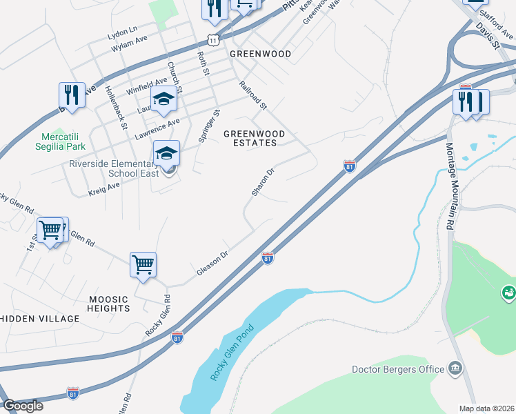 map of restaurants, bars, coffee shops, grocery stores, and more near 25 Sharon Drive in Moosic