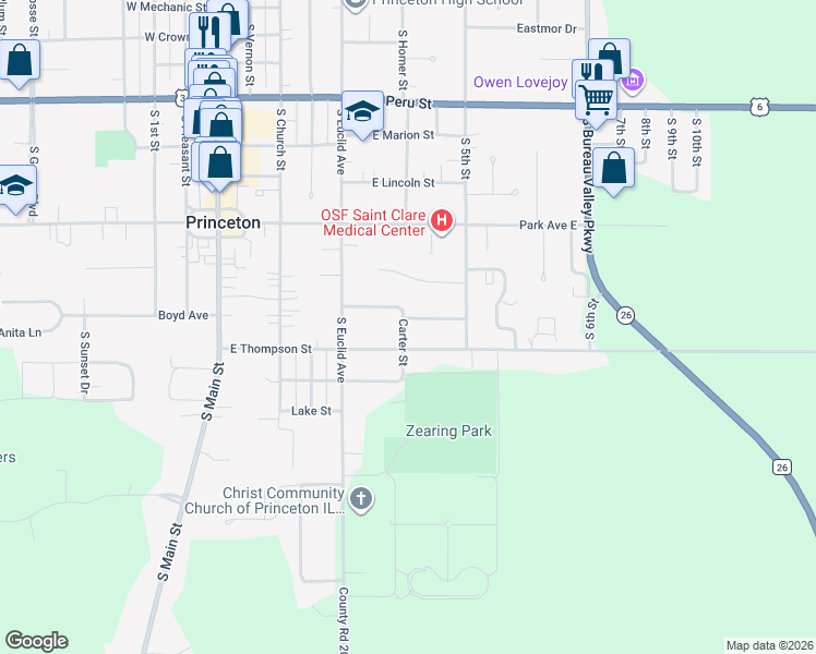 map of restaurants, bars, coffee shops, grocery stores, and more near 515 East Billings Street in Princeton