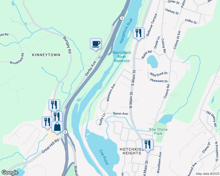 map of restaurants, bars, coffee shops, grocery stores, and more near 24 Manners Avenue in Seymour