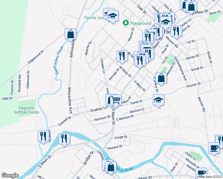 map of restaurants, bars, coffee shops, grocery stores, and more near 131 Henderson Street in Old Forge