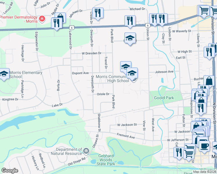 map of restaurants, bars, coffee shops, grocery stores, and more near 1154 Park Boulevard in Morris