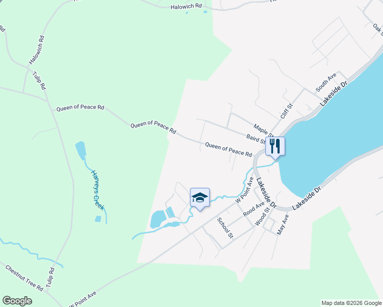 map of restaurants, bars, coffee shops, grocery stores, and more near Queen of Peace Road in Harveys Lake