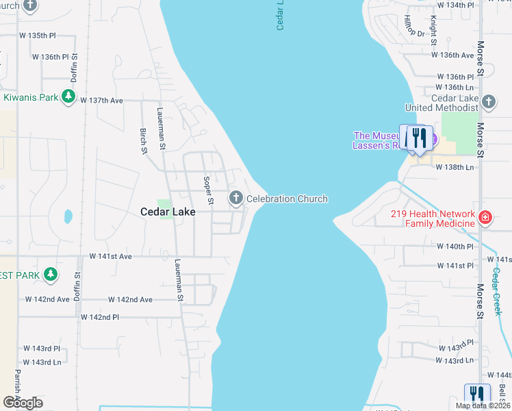 map of restaurants, bars, coffee shops, grocery stores, and more near 13933 Lakeview Point Rd in Cedar Lake