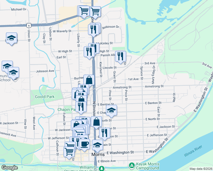 map of restaurants, bars, coffee shops, grocery stores, and more near 406 Railroad Street in Morris