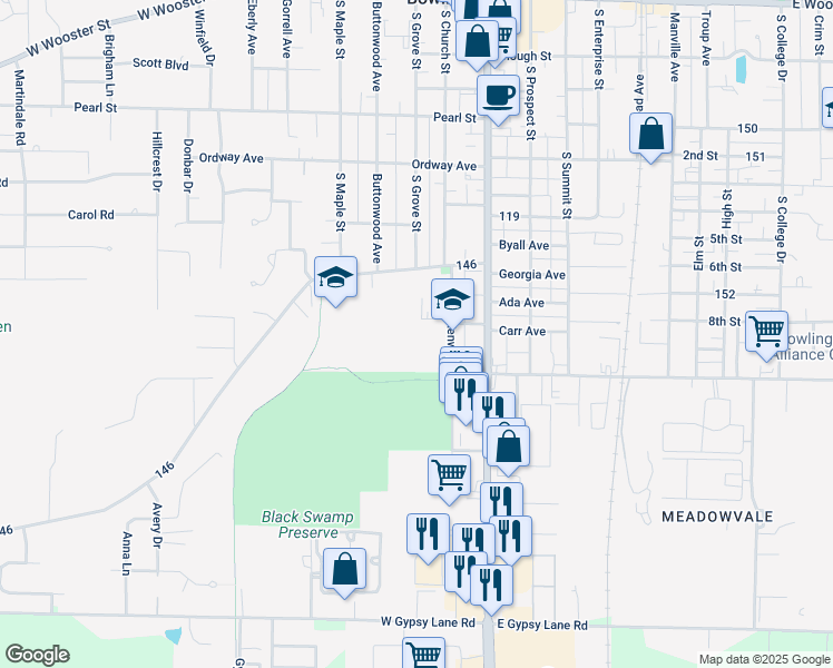 map of restaurants, bars, coffee shops, grocery stores, and more near 710 Kenwood Avenue in Bowling Green
