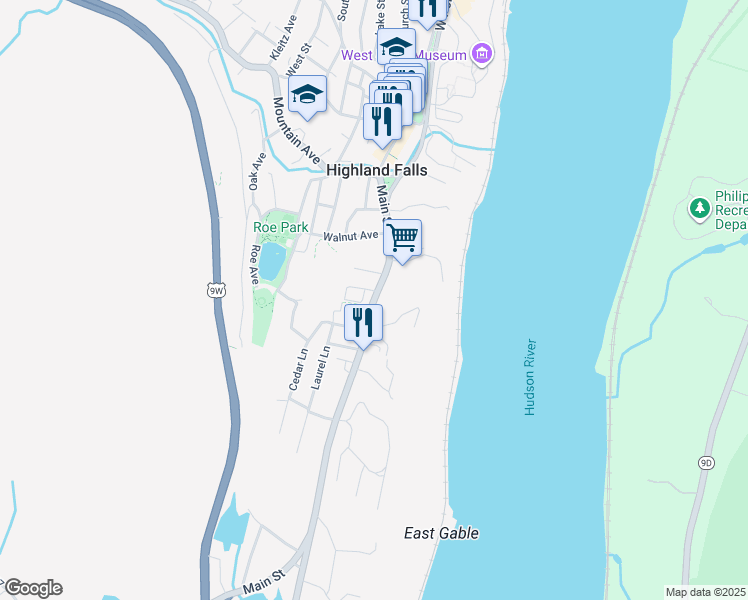 map of restaurants, bars, coffee shops, grocery stores, and more near Main Street in Highland Falls