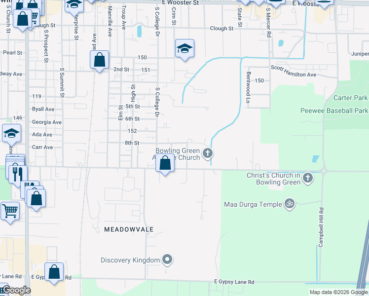 map of restaurants, bars, coffee shops, grocery stores, and more near 1020 Mourning Dove Lane in Bowling Green