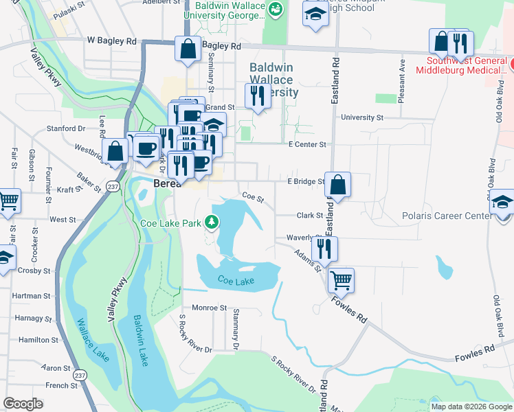 map of restaurants, bars, coffee shops, grocery stores, and more near 144 Coe Street in Berea
