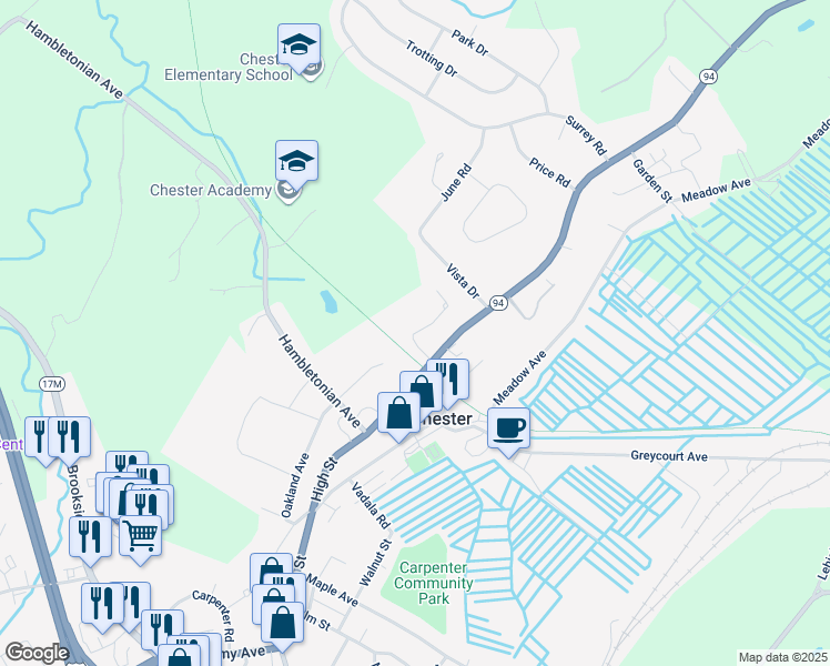 map of restaurants, bars, coffee shops, grocery stores, and more near 214 Green Meadows Way in Chester