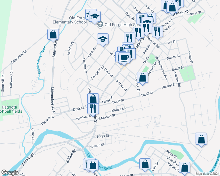 map of restaurants, bars, coffee shops, grocery stores, and more near BLK-600 South Main Street in Old Forge