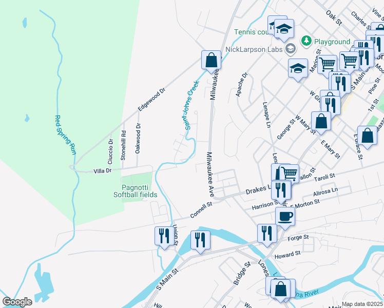 map of restaurants, bars, coffee shops, grocery stores, and more near 591 Milwaukee Avenue in Old Forge