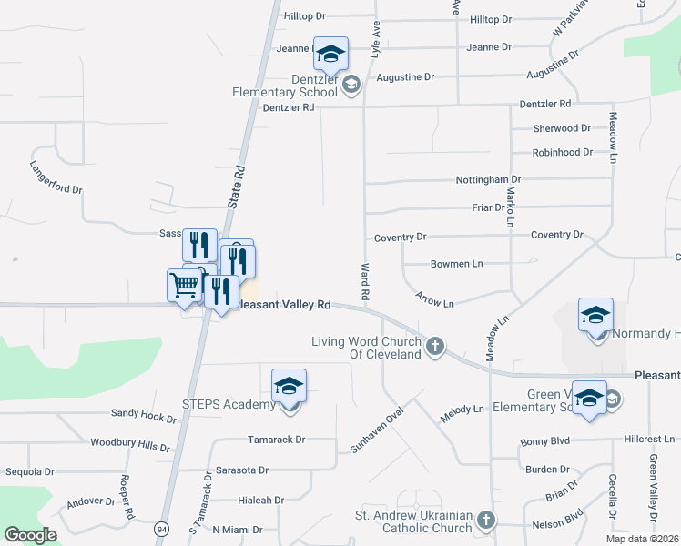 map of restaurants, bars, coffee shops, grocery stores, and more near 7362 Ward Road in Parma