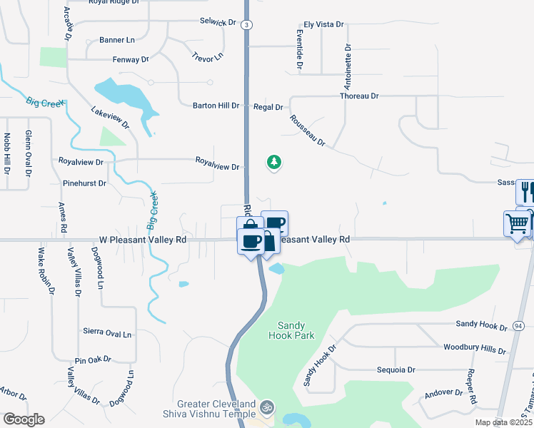 map of restaurants, bars, coffee shops, grocery stores, and more near 7377 Ridge Road in Parma
