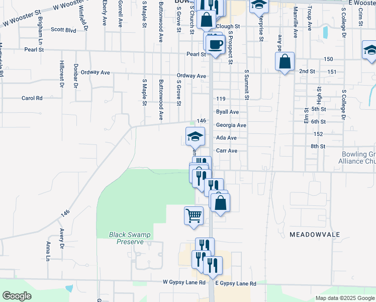 map of restaurants, bars, coffee shops, grocery stores, and more near 710 Kenwood Avenue in Bowling Green