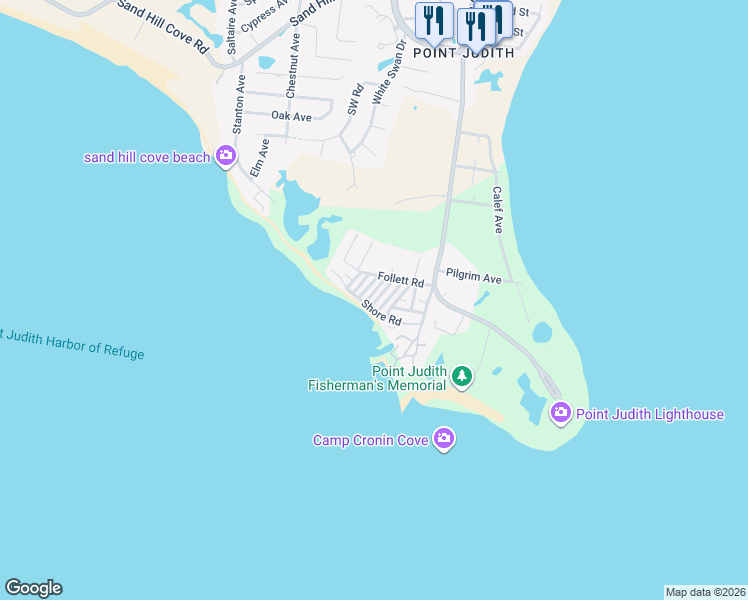 map of restaurants, bars, coffee shops, grocery stores, and more near 7 6th Lane in Narragansett