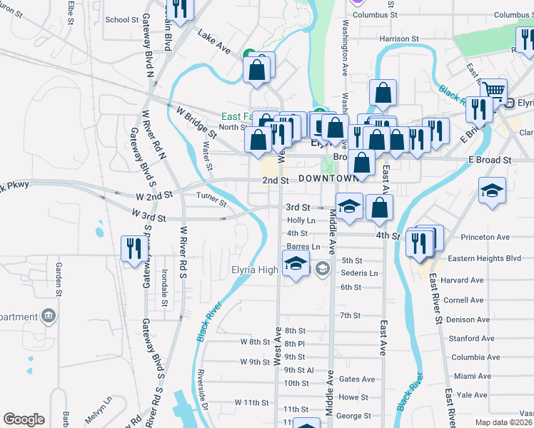 map of restaurants, bars, coffee shops, grocery stores, and more near 500 3rd Street in Elyria