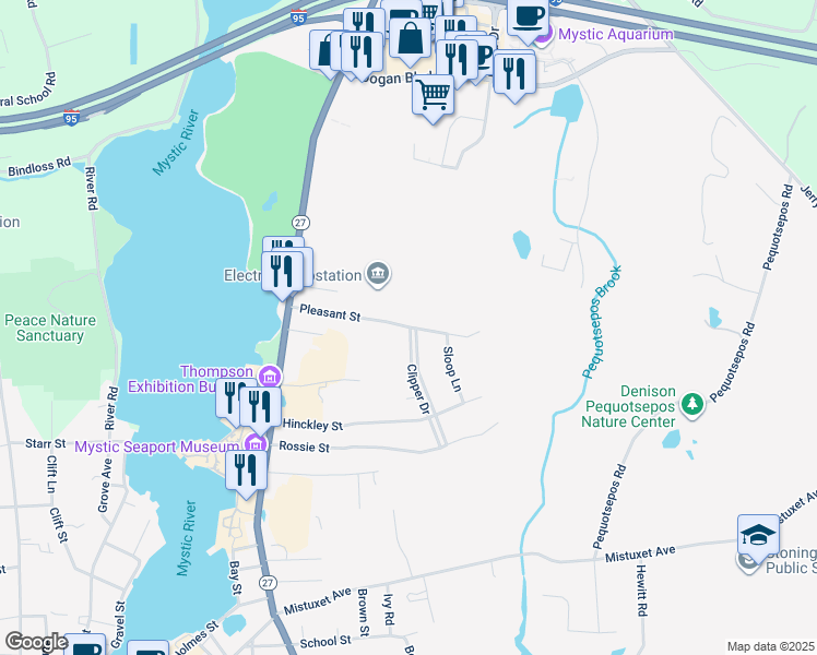 map of restaurants, bars, coffee shops, grocery stores, and more near 145 Pleasant Street in Stonington