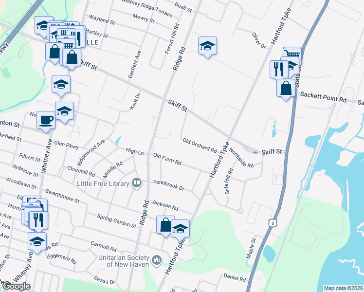 map of restaurants, bars, coffee shops, grocery stores, and more near 30 Old Orchard Road in North Haven