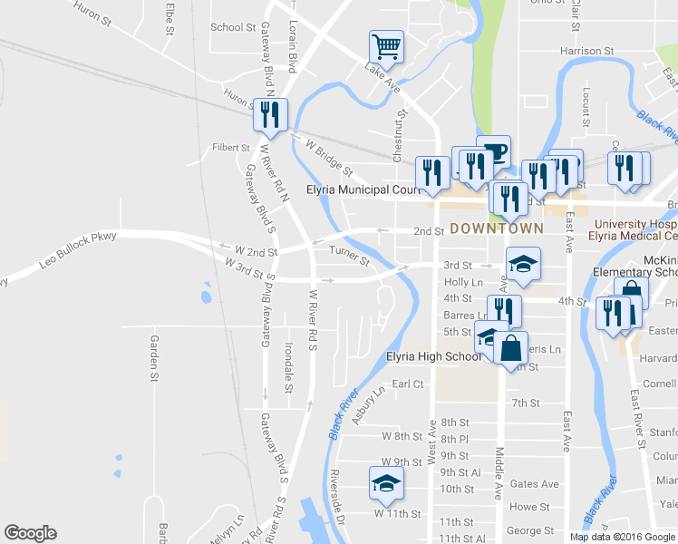 map of restaurants, bars, coffee shops, grocery stores, and more near 547 3rd Street in Elyria