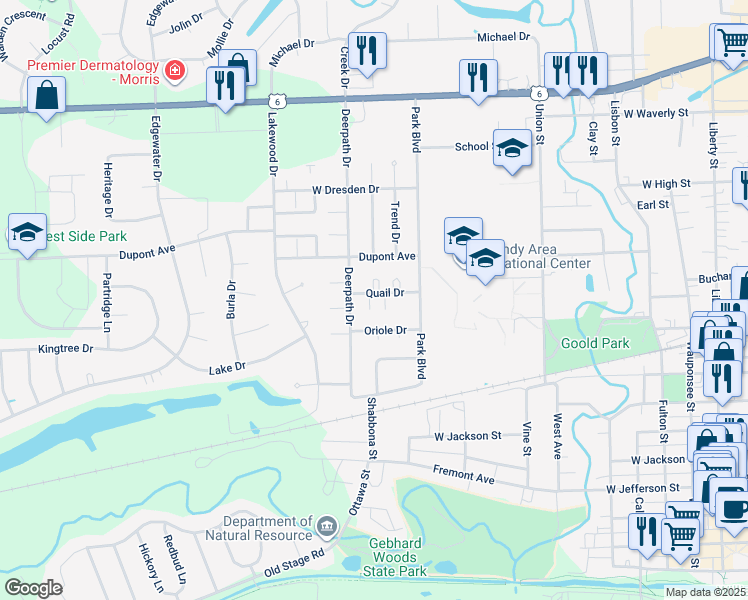map of restaurants, bars, coffee shops, grocery stores, and more near 1020 Quail Drive in Morris