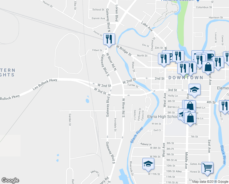 map of restaurants, bars, coffee shops, grocery stores, and more near 625 West 3rd Street in Elyria