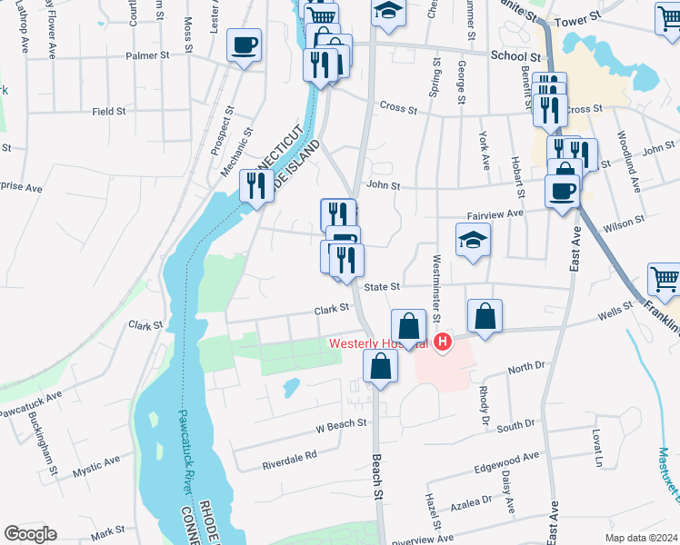 map of restaurants, bars, coffee shops, grocery stores, and more near 53 Beach Street in Westerly