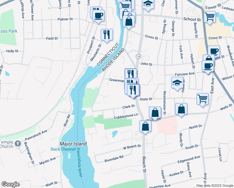 map of restaurants, bars, coffee shops, grocery stores, and more near 25 Clark Street in Westerly