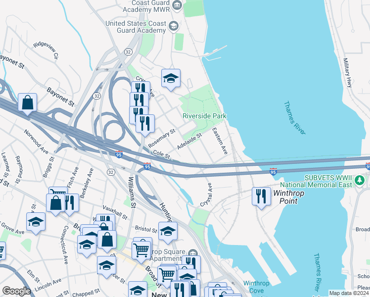 map of restaurants, bars, coffee shops, grocery stores, and more near 30 Adelaide Street in New London