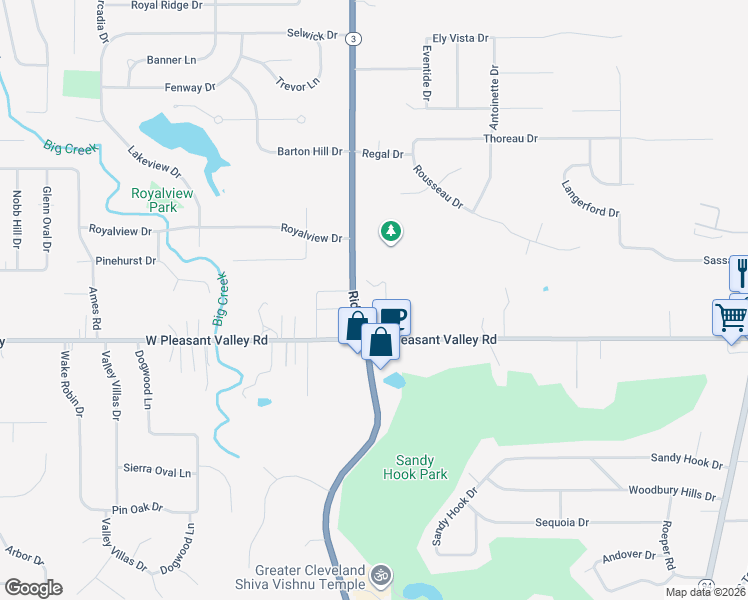 map of restaurants, bars, coffee shops, grocery stores, and more near 7377 Ridge Road in Parma