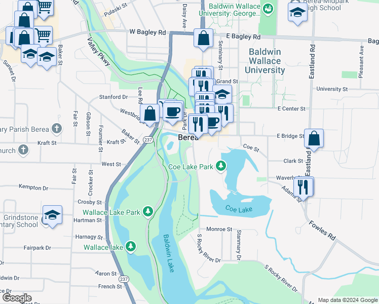 map of restaurants, bars, coffee shops, grocery stores, and more near 4 Berea Commons in Berea