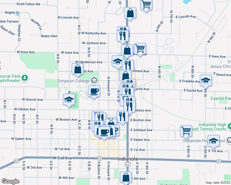 map of restaurants, bars, coffee shops, grocery stores, and more near 513 North 1st Street in Indianola