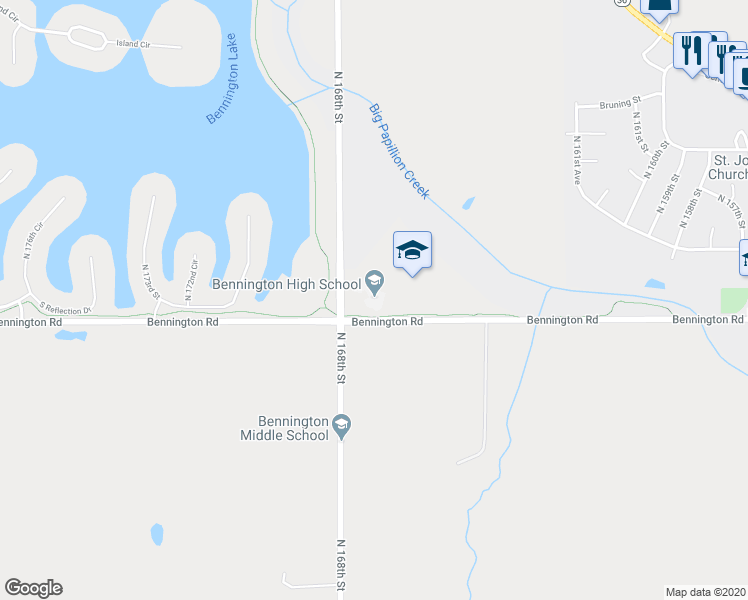 map of restaurants, bars, coffee shops, grocery stores, and more near 16610 Bennington Road in Bennington