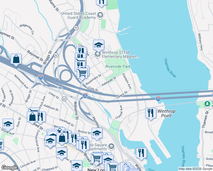 map of restaurants, bars, coffee shops, grocery stores, and more near 30 Adelaide Street in New London