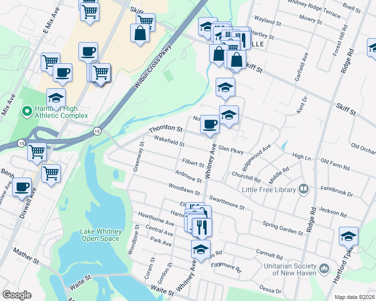 map of restaurants, bars, coffee shops, grocery stores, and more near 53 Wakefield Street in Hamden