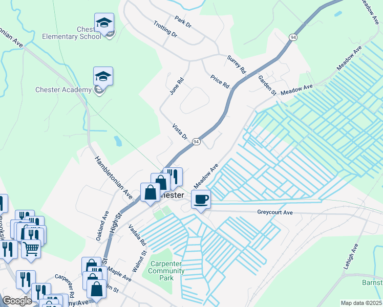 map of restaurants, bars, coffee shops, grocery stores, and more near 44 High Street in Chester