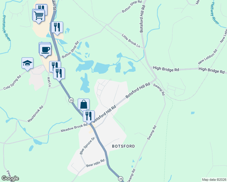 map of restaurants, bars, coffee shops, grocery stores, and more near 17 Botsford Hill Road in Newtown