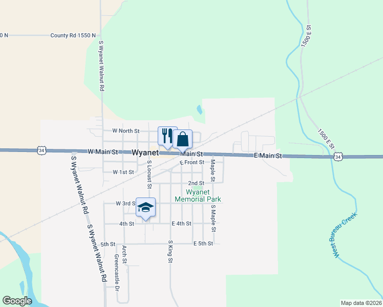 map of restaurants, bars, coffee shops, grocery stores, and more near Main Street in Wyanet