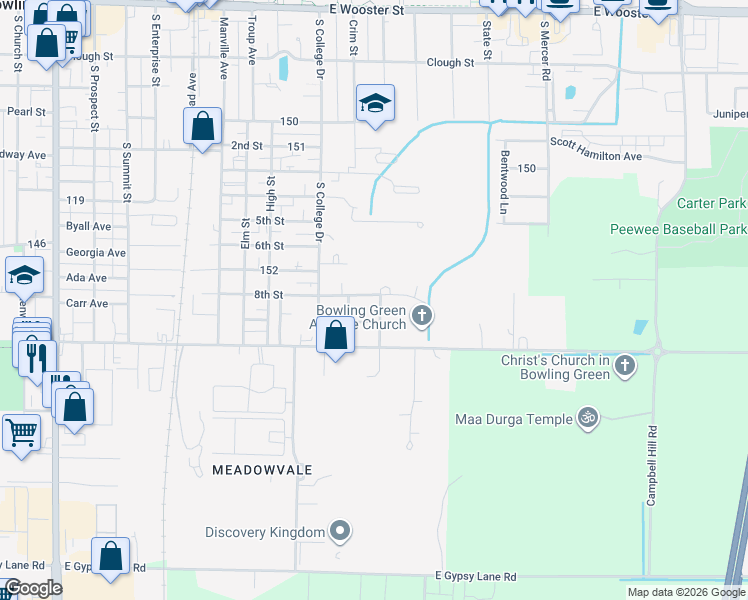 map of restaurants, bars, coffee shops, grocery stores, and more near 1020 Mourning Dove Lane in Bowling Green