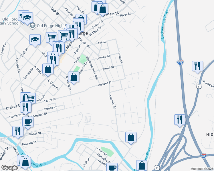 map of restaurants, bars, coffee shops, grocery stores, and more near 604 Moosic Road in Old Forge