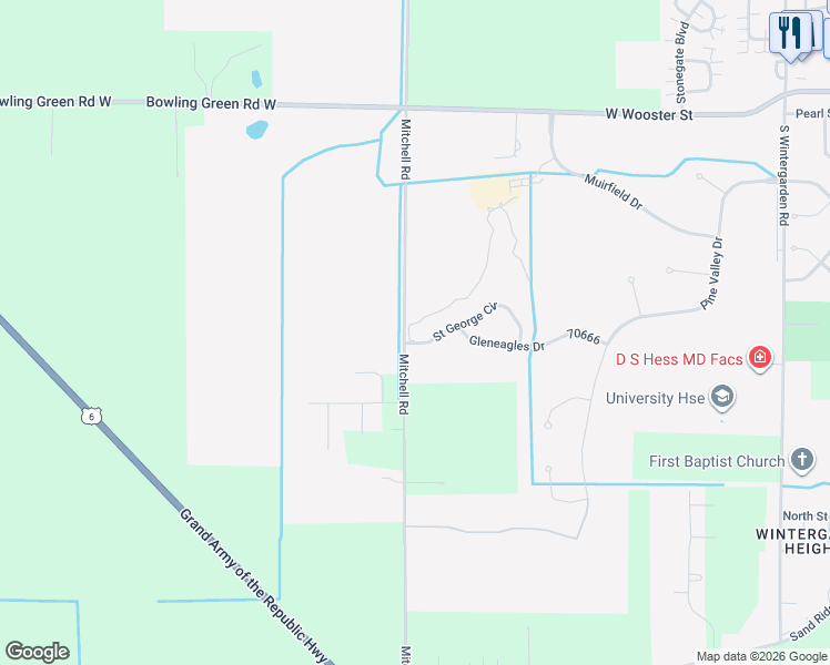 map of restaurants, bars, coffee shops, grocery stores, and more near 1662 Saint George Circle in Bowling Green