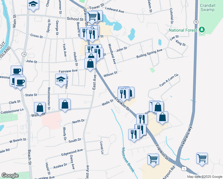map of restaurants, bars, coffee shops, grocery stores, and more near 20 Franklin Street in Westerly