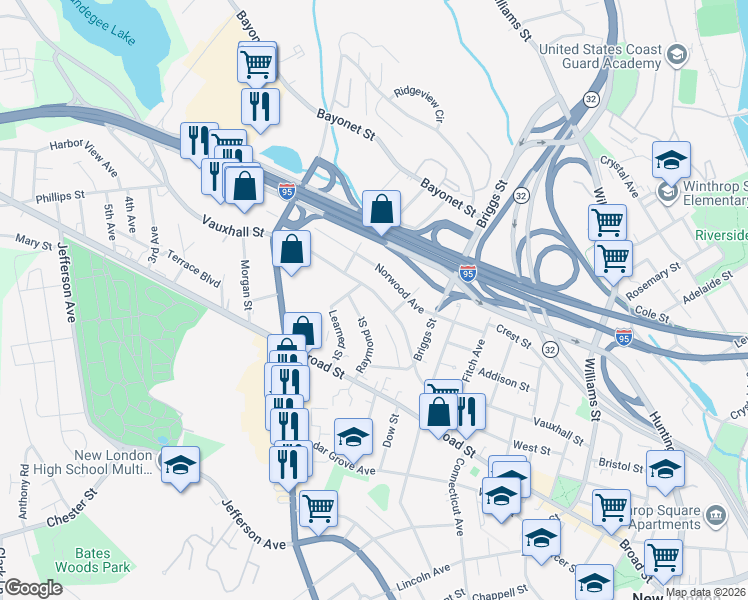 map of restaurants, bars, coffee shops, grocery stores, and more near 264 Vauxhall Street in New London