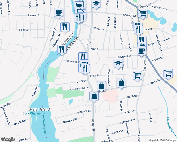 map of restaurants, bars, coffee shops, grocery stores, and more near 57 Beach Street in Westerly