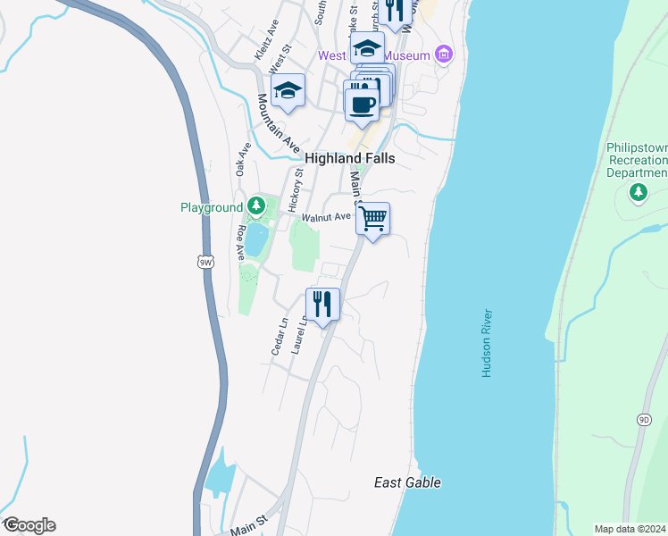 map of restaurants, bars, coffee shops, grocery stores, and more near 185 Main Street in Highland Falls
