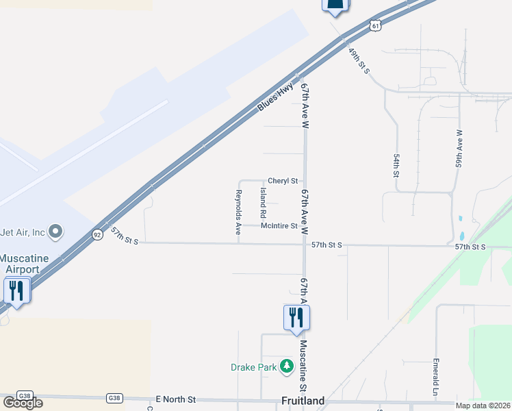 map of restaurants, bars, coffee shops, grocery stores, and more near 6807 Island Court in Muscatine