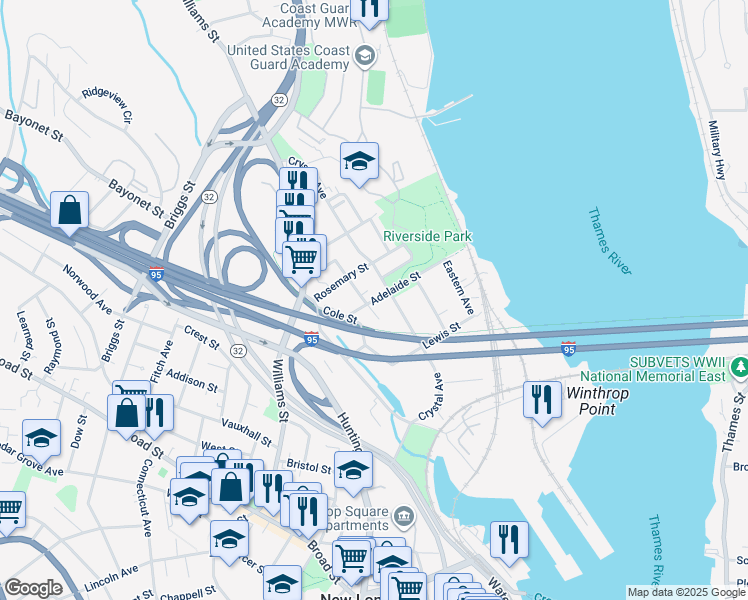 map of restaurants, bars, coffee shops, grocery stores, and more near 30 Adelaide Street in New London
