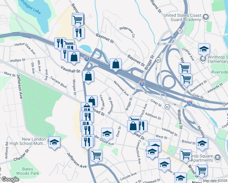 map of restaurants, bars, coffee shops, grocery stores, and more near 264 Vauxhall Street in New London