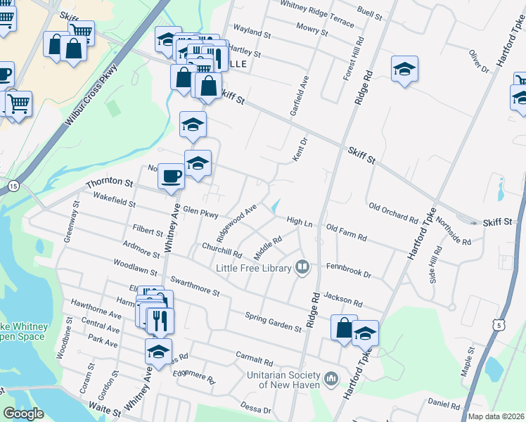 map of restaurants, bars, coffee shops, grocery stores, and more near 176 Ridgewood Avenue in North Haven