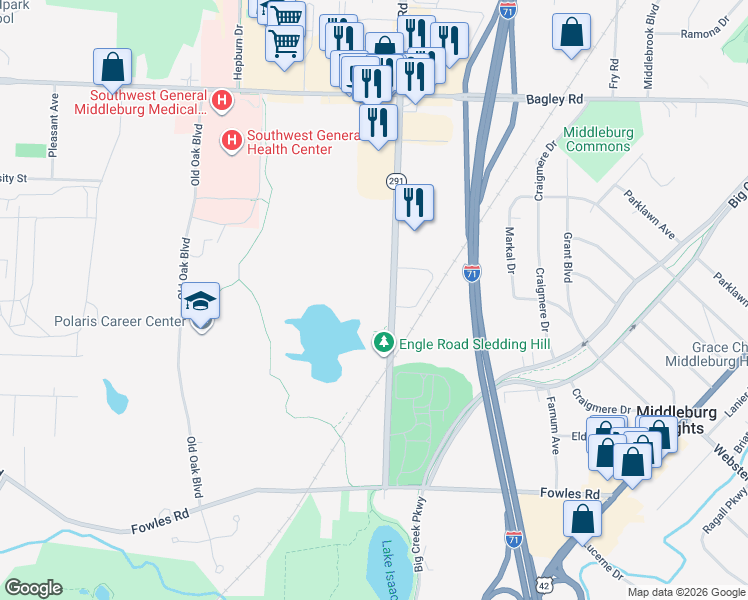 map of restaurants, bars, coffee shops, grocery stores, and more near 7400 Engle Road in Middleburg Heights